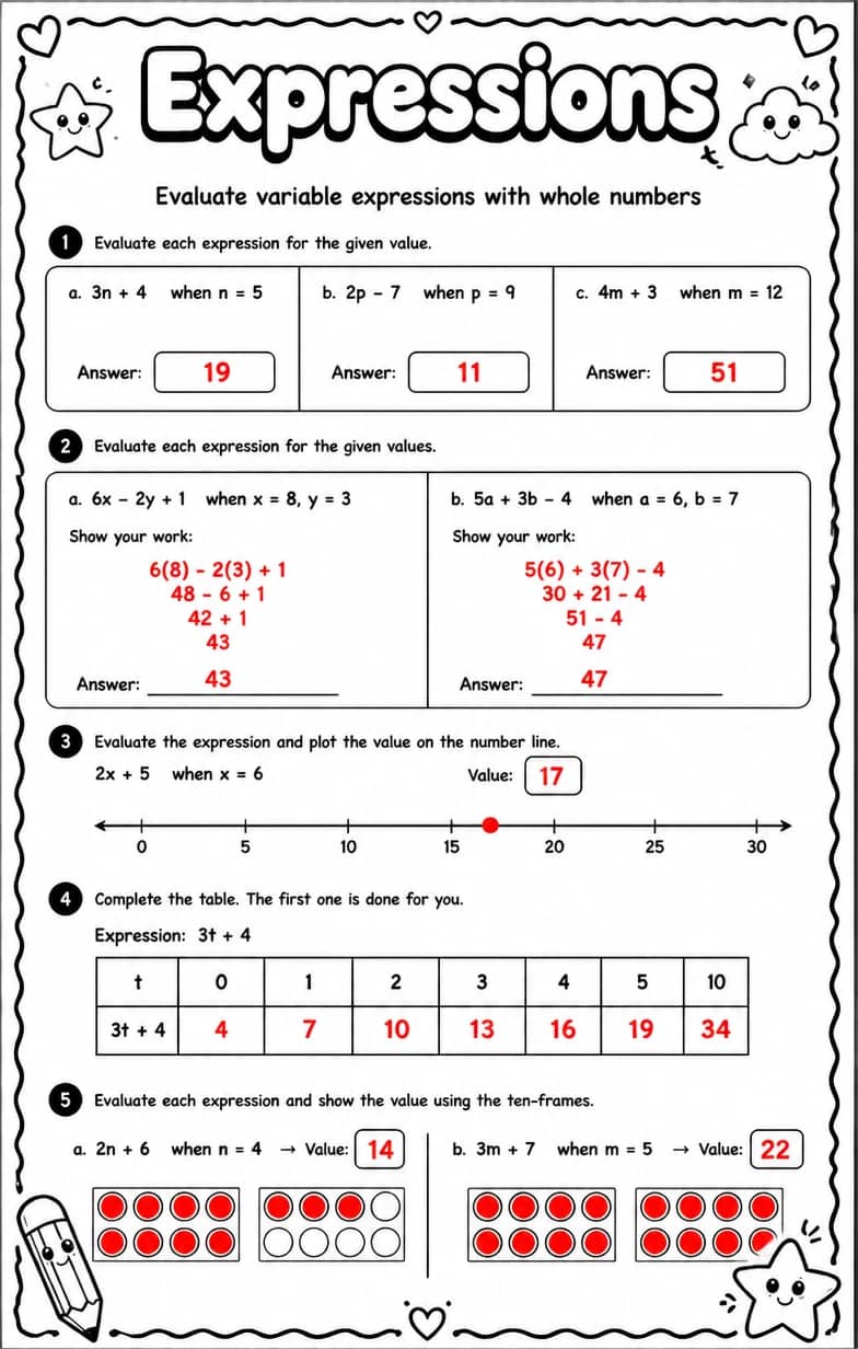 Answer key for Evaluate variable expressions with whole numbers — free printable Math worksheet