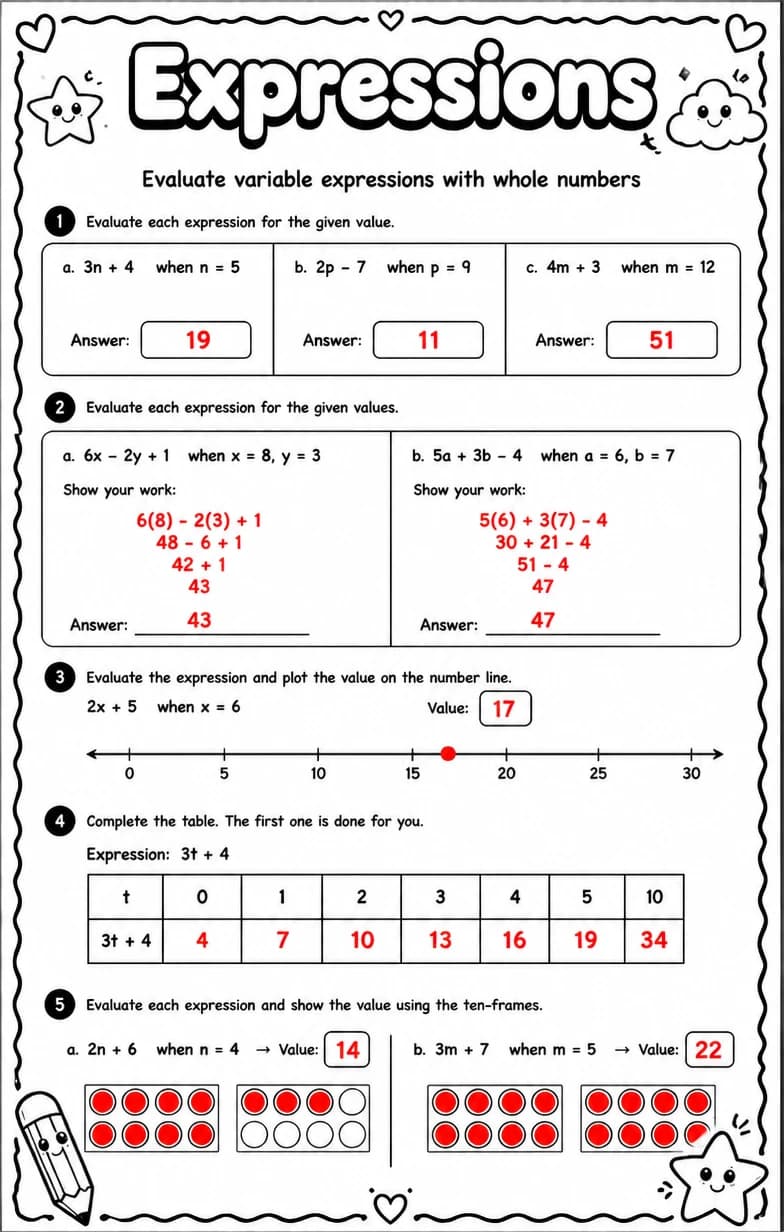 Answer key for Evaluate variable expressions with whole numbers — free printable Math worksheet