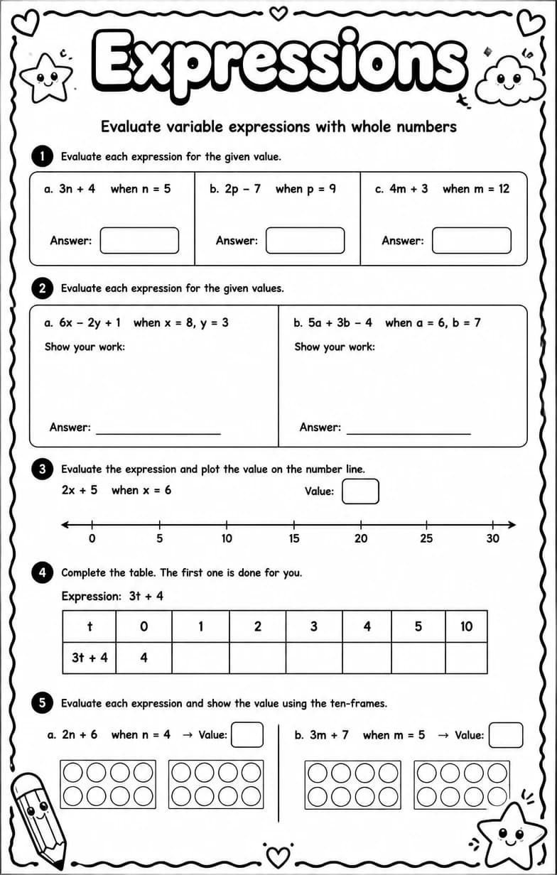 Evaluate variable expressions with whole numbers — free printable Grade 6 math worksheet