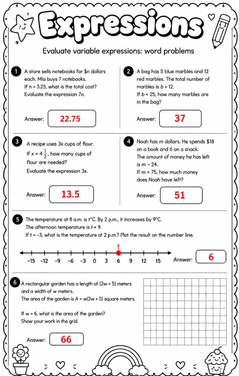 Answer key for Evaluate variable expressions: word problems — free printable Math worksheet