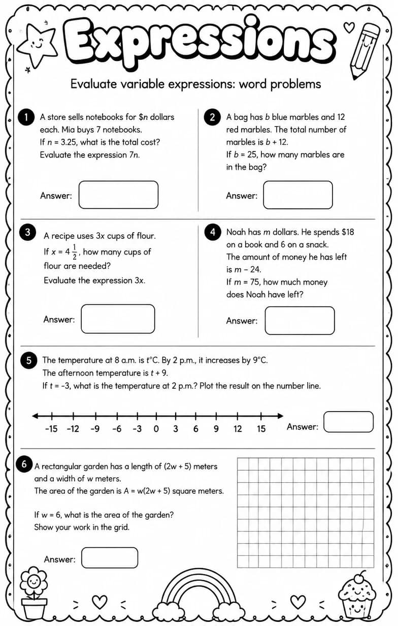 Evaluate variable expressions: word problems — free printable Grade 6 math worksheet
