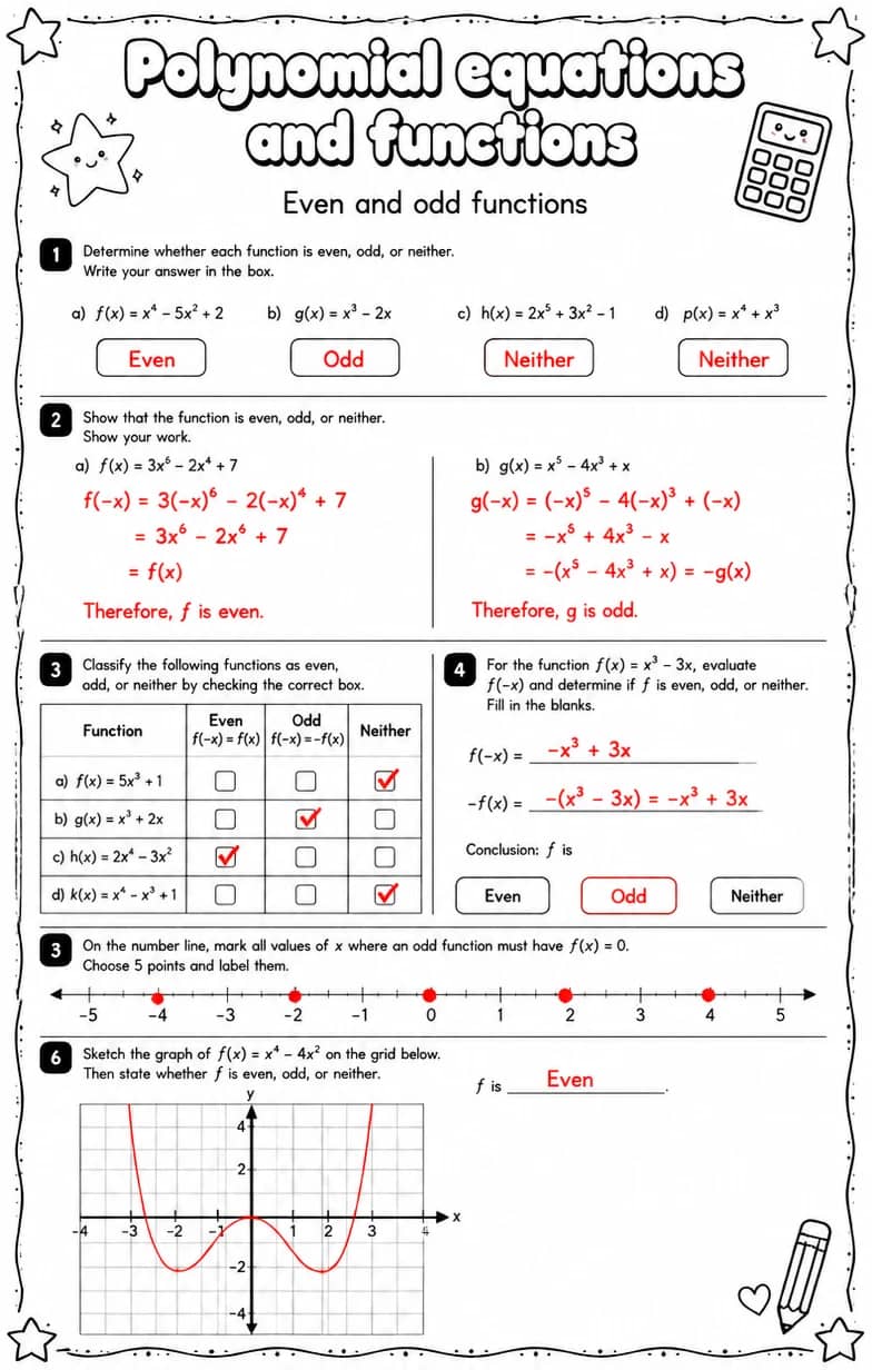 Answer key for Even and odd functions — free printable Math worksheet