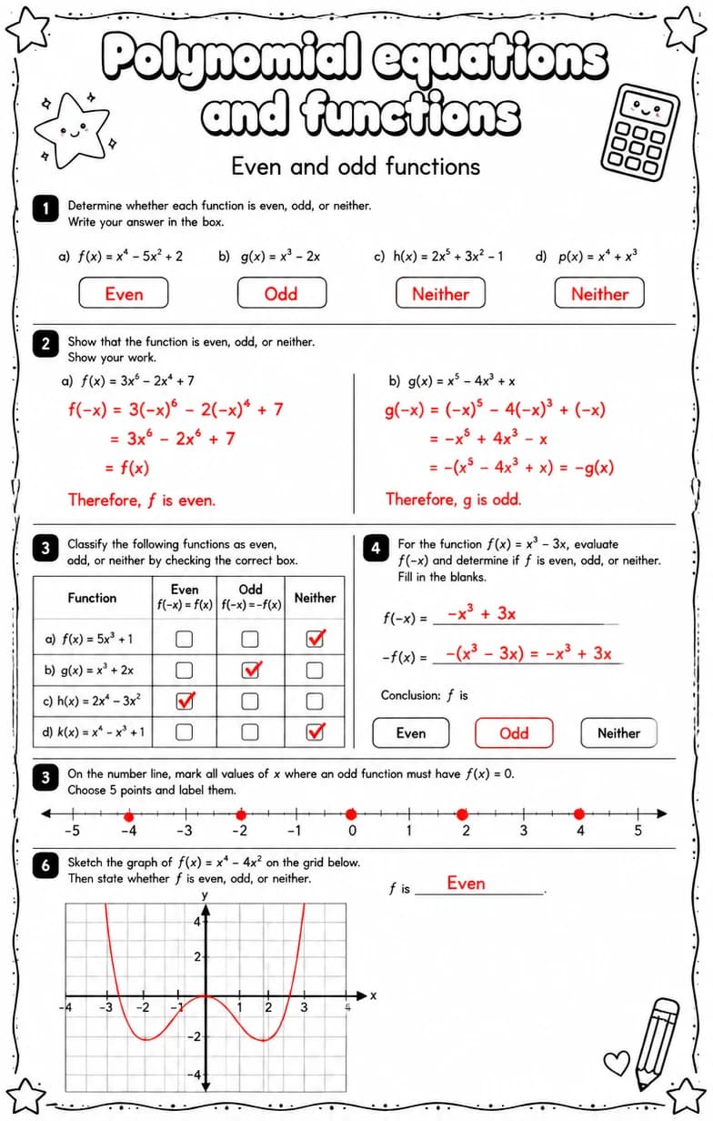 Answer key for Even and odd functions — free printable Math worksheet