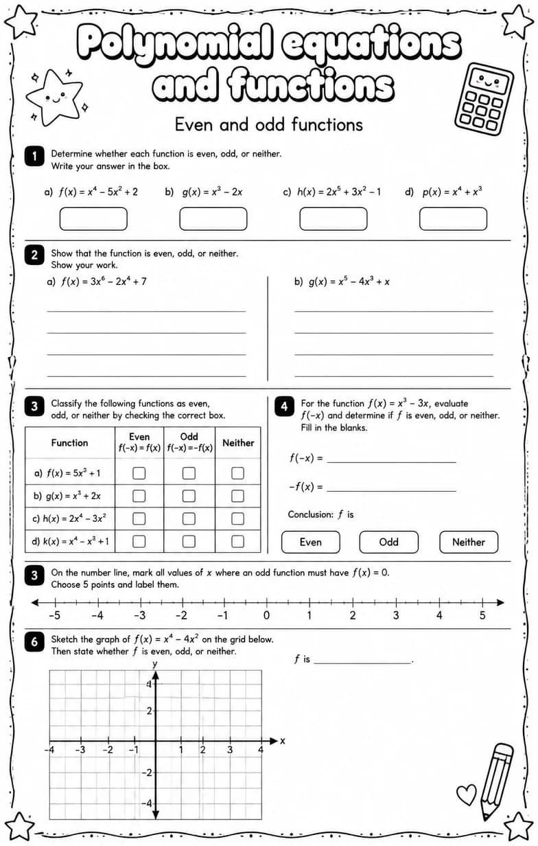 Even and odd functions — free printable Algebra 2 math worksheet