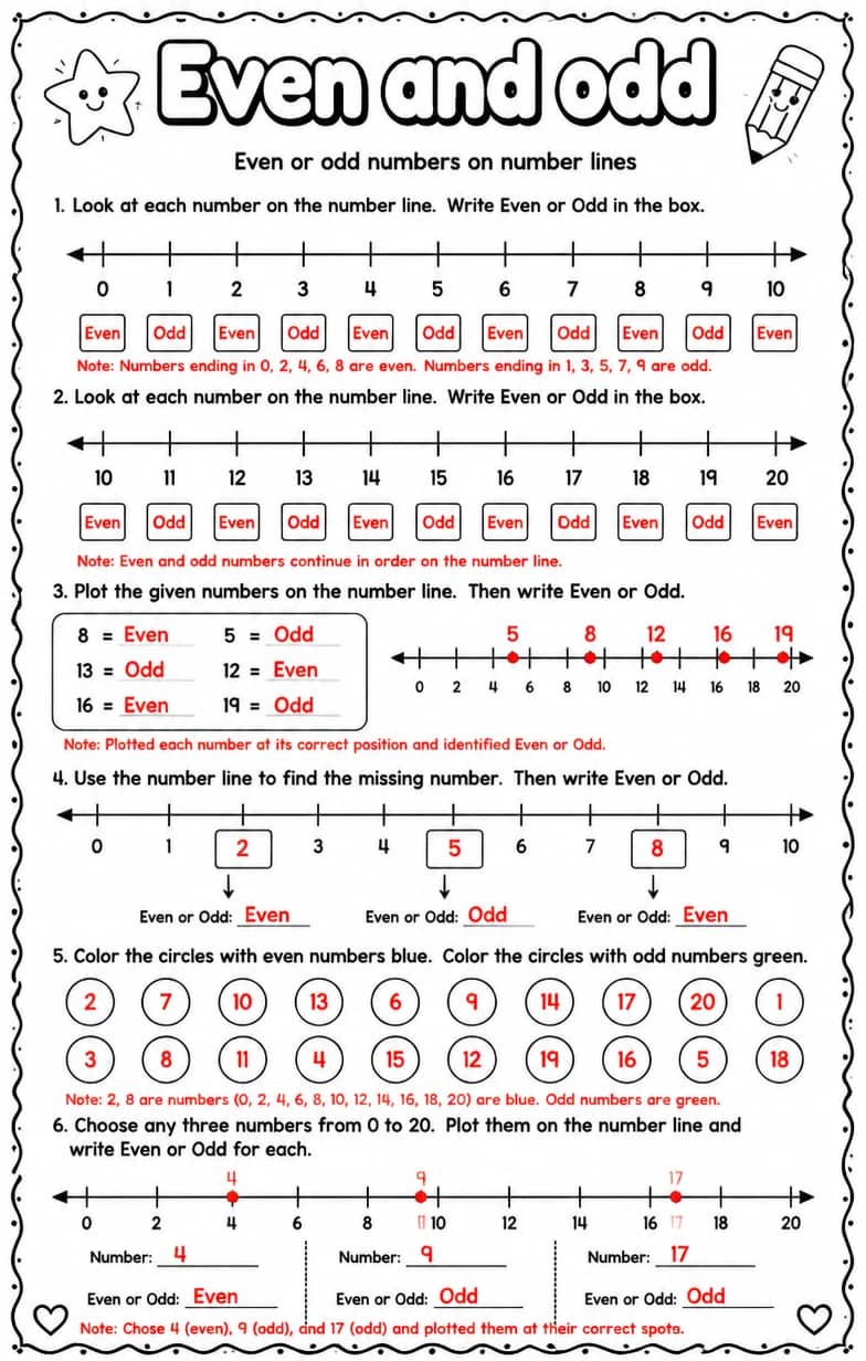 Answer key for Even or odd numbers on number lines — free printable Math worksheet