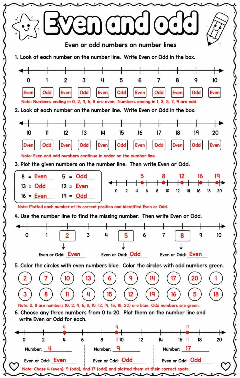 Answer key for Even or odd numbers on number lines — free printable Math worksheet