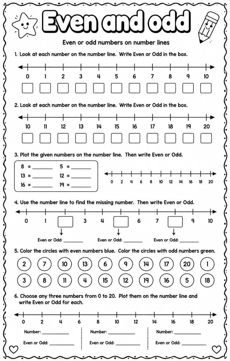 Even or odd numbers on number lines — free printable Grade 2 Math worksheet