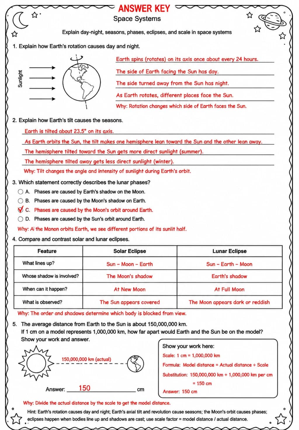 Answer key for Explain day-night, seasons, phases, eclipses, and scale in space systems — free printable Science worksheet