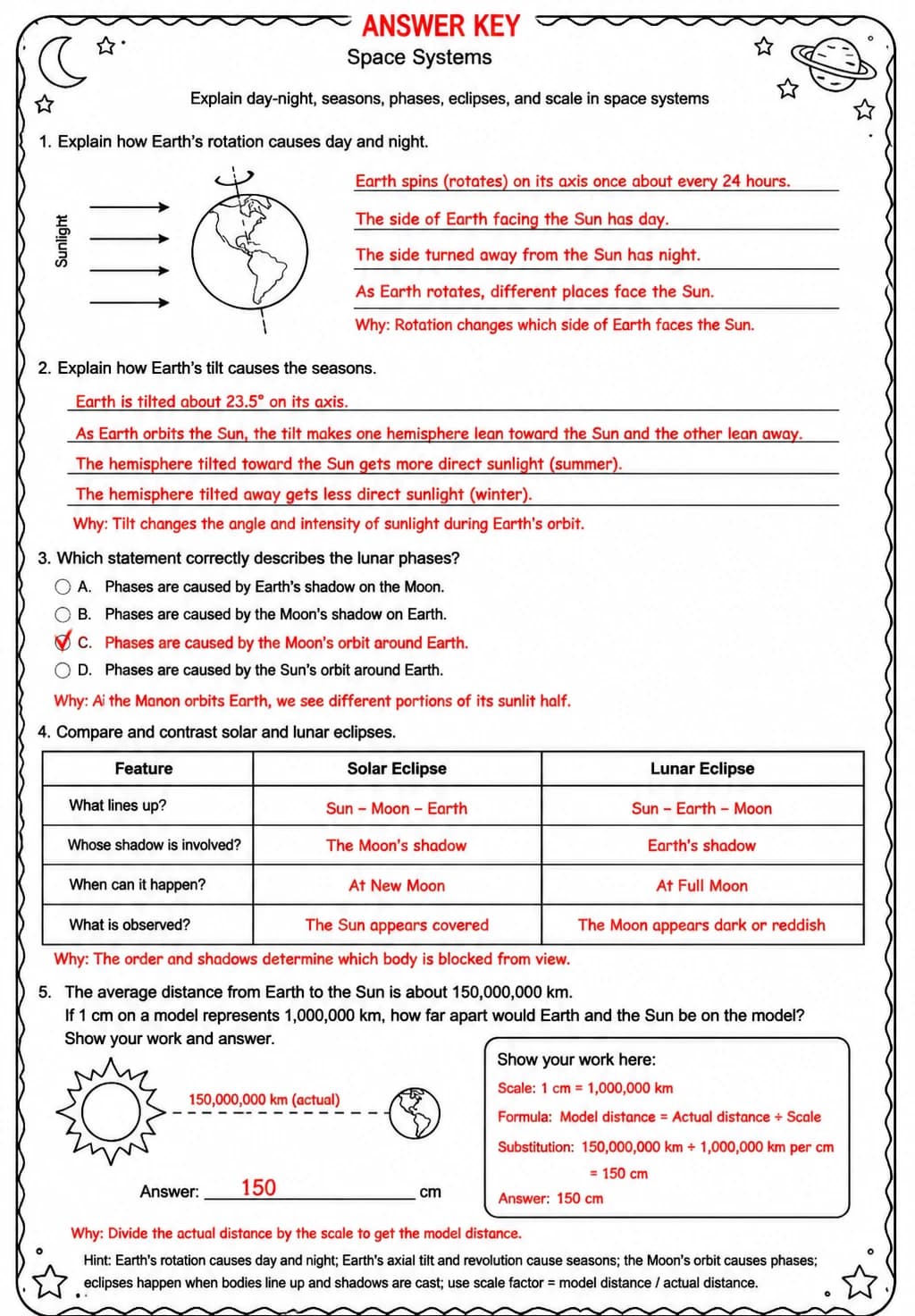 Answer key for Explain day-night, seasons, phases, eclipses, and scale in space systems — free printable Science worksheet