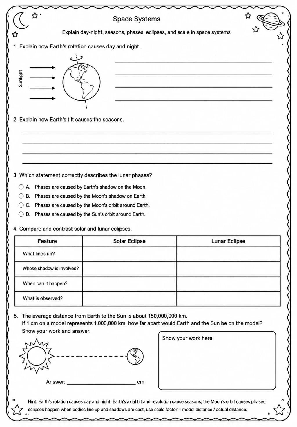 Explain day-night, seasons, phases, eclipses, and scale in space systems — free printable High School Science worksheet