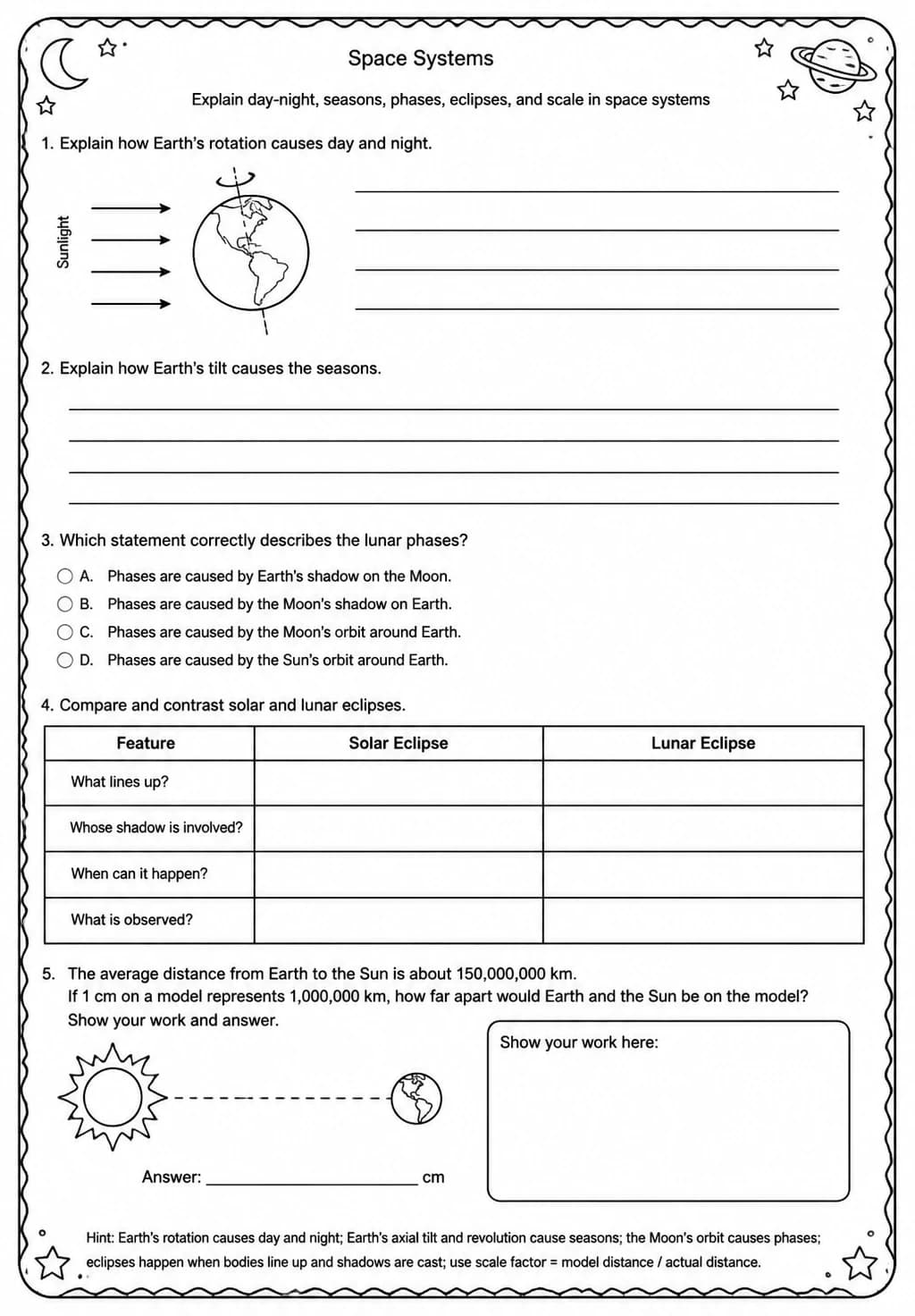 Explain day-night, seasons, phases, eclipses, and scale in space systems — free printable High School Science worksheet