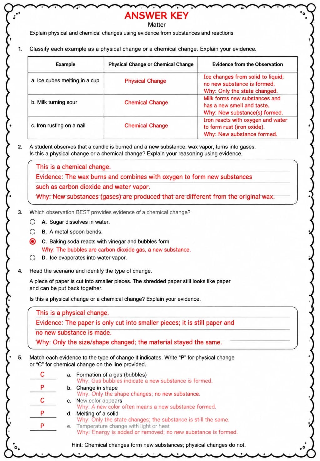 Answer key for Explain physical and chemical changes using evidence from substances and reactions — free printable Science worksheet