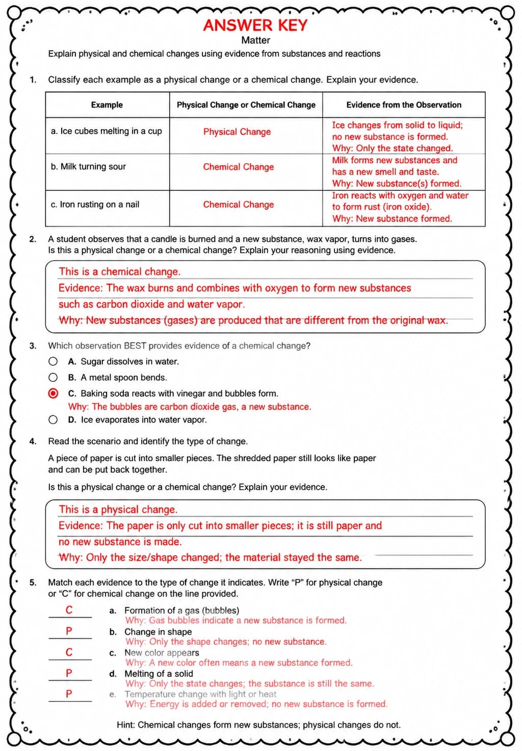 Answer key for Explain physical and chemical changes using evidence from substances and reactions — free printable Science worksheet
