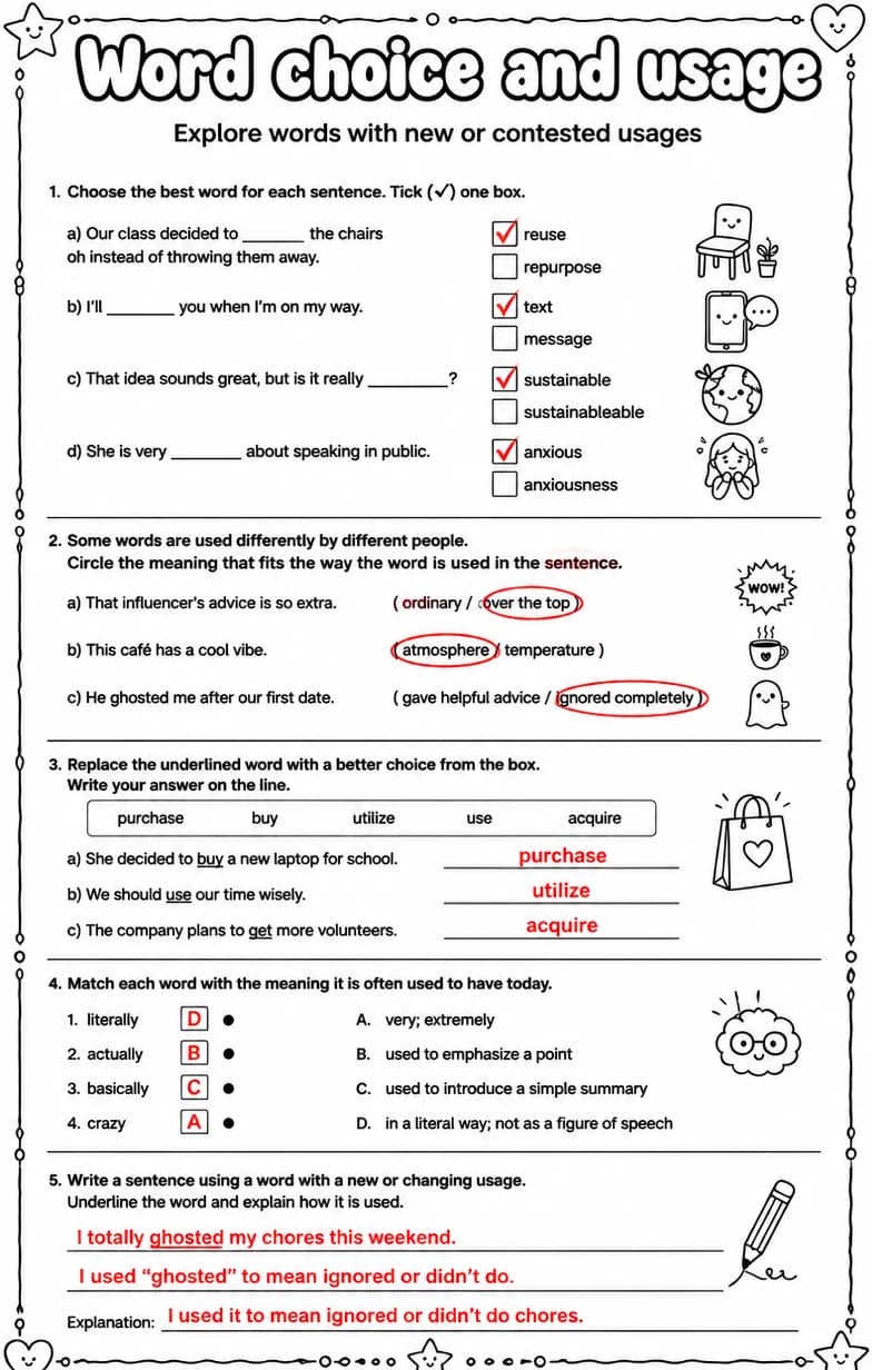 Answer key for Explore words with new or contested usages — free printable English & Reading worksheet