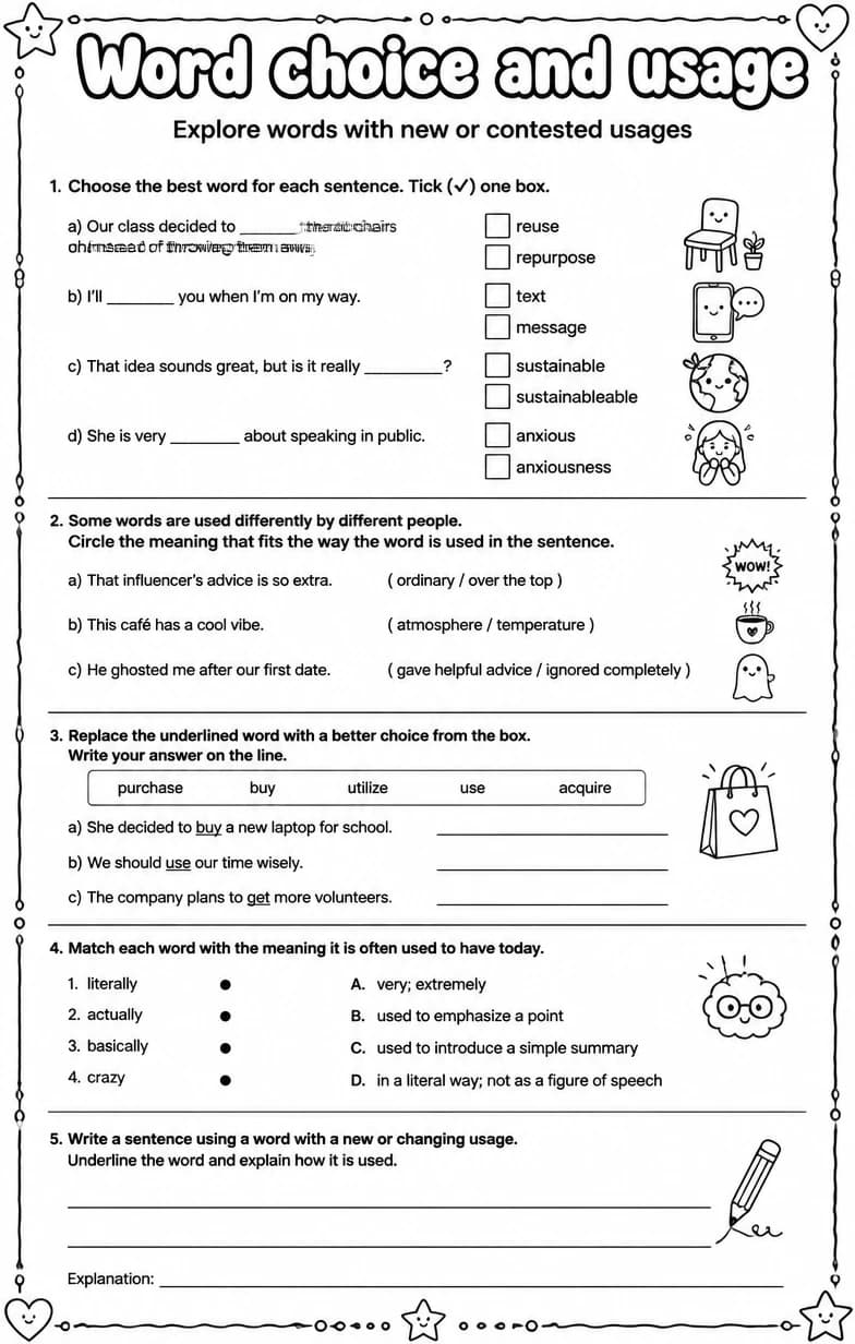 Explore words with new or contested usages — free printable Vocabulary English worksheet