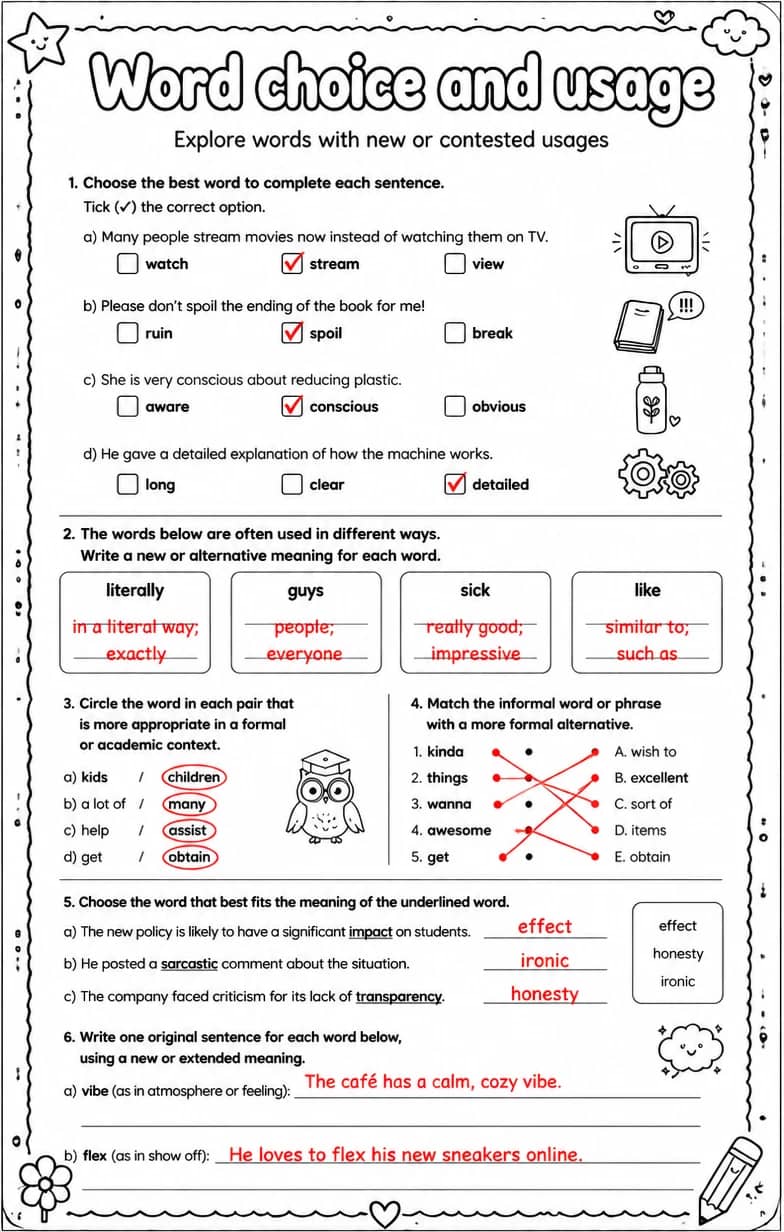 Answer key for Explore words with new or contested usages — free printable English & Reading worksheet