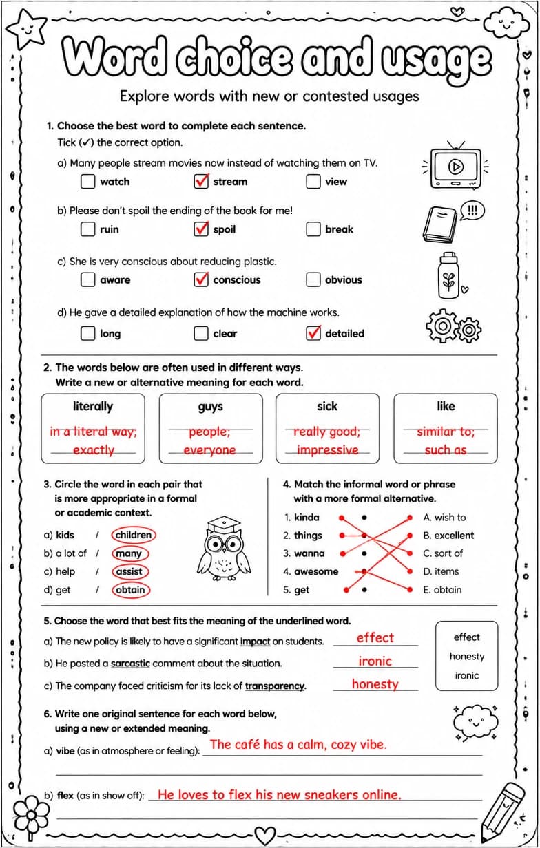 Answer key for Explore words with new or contested usages — free printable English & Reading worksheet