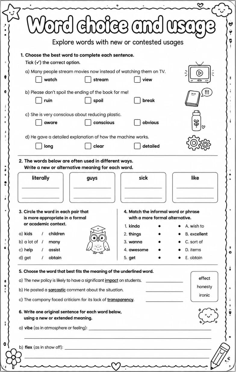 Explore words with new or contested usages — free printable Vocabulary English worksheet