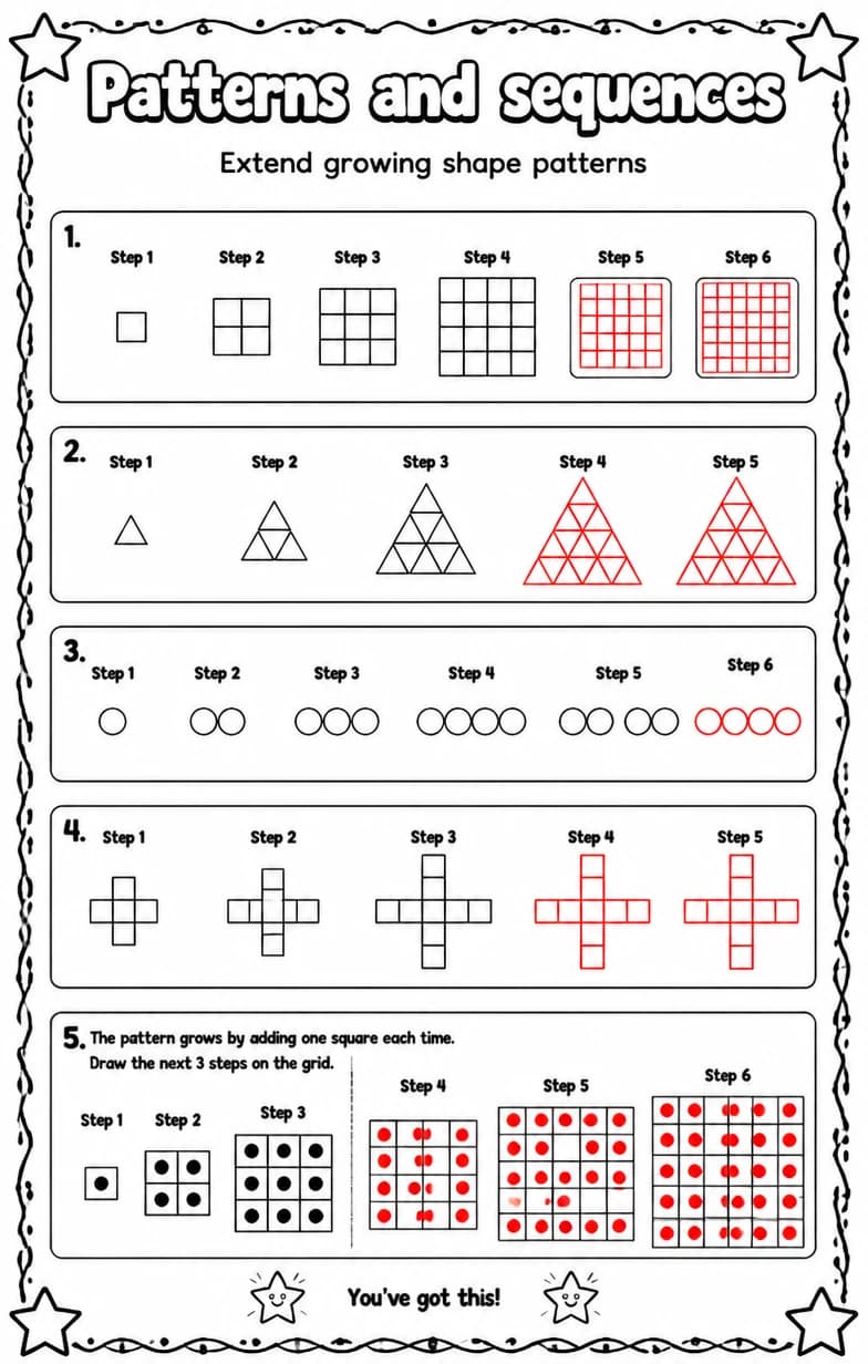 Answer key for Extend growing shape patterns — free printable Math worksheet