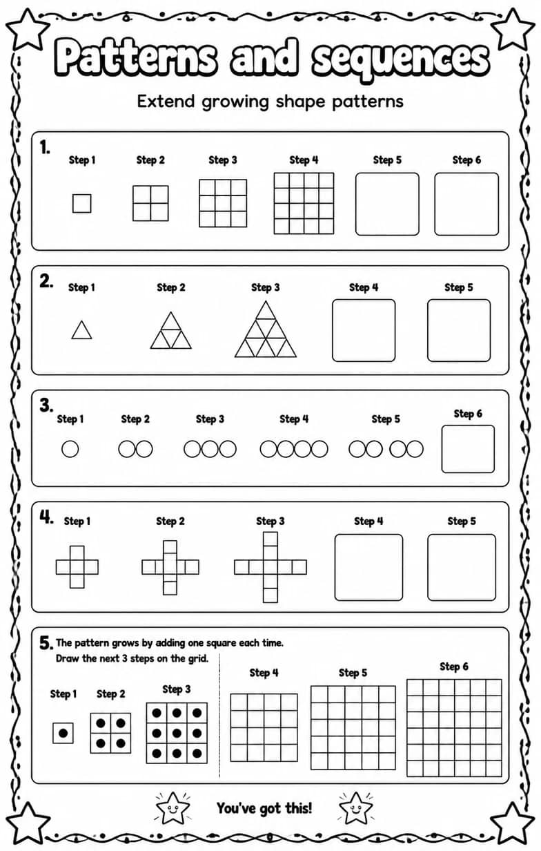 Extend growing shape patterns — free printable Grade 4 math worksheet