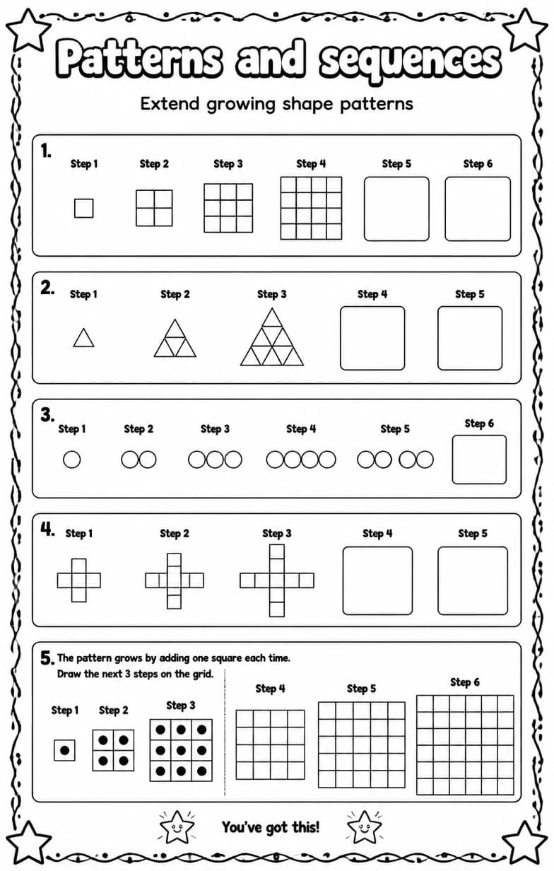 Extend growing shape patterns — free printable Grade 4 math worksheet