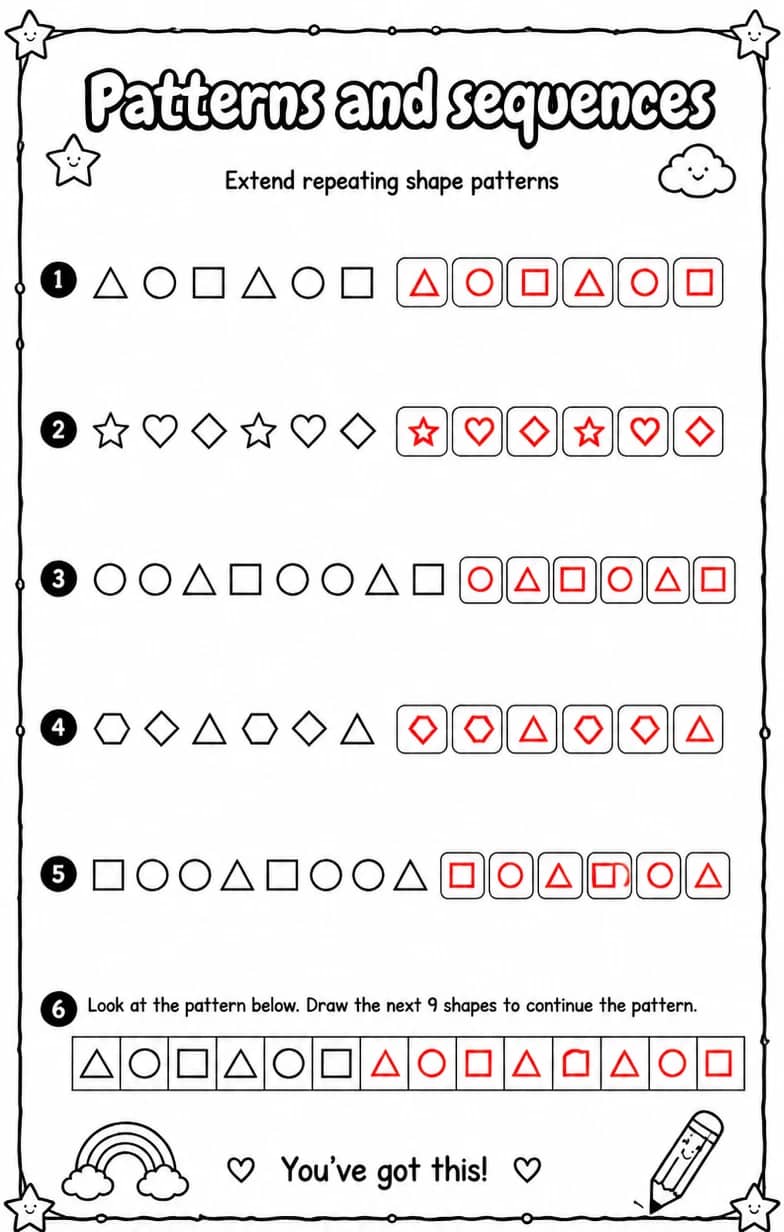 Answer key for Extend repeating shape patterns — free printable Math worksheet