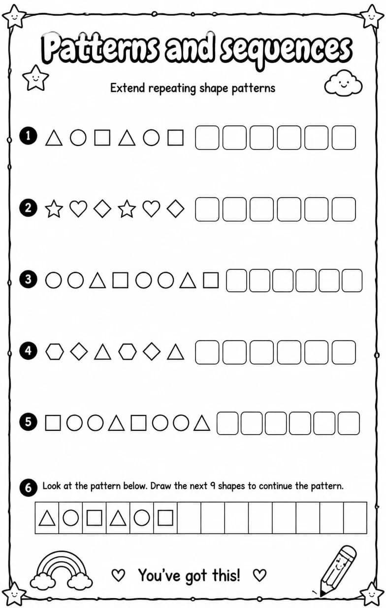Extend repeating shape patterns — free printable Grade 4 math worksheet