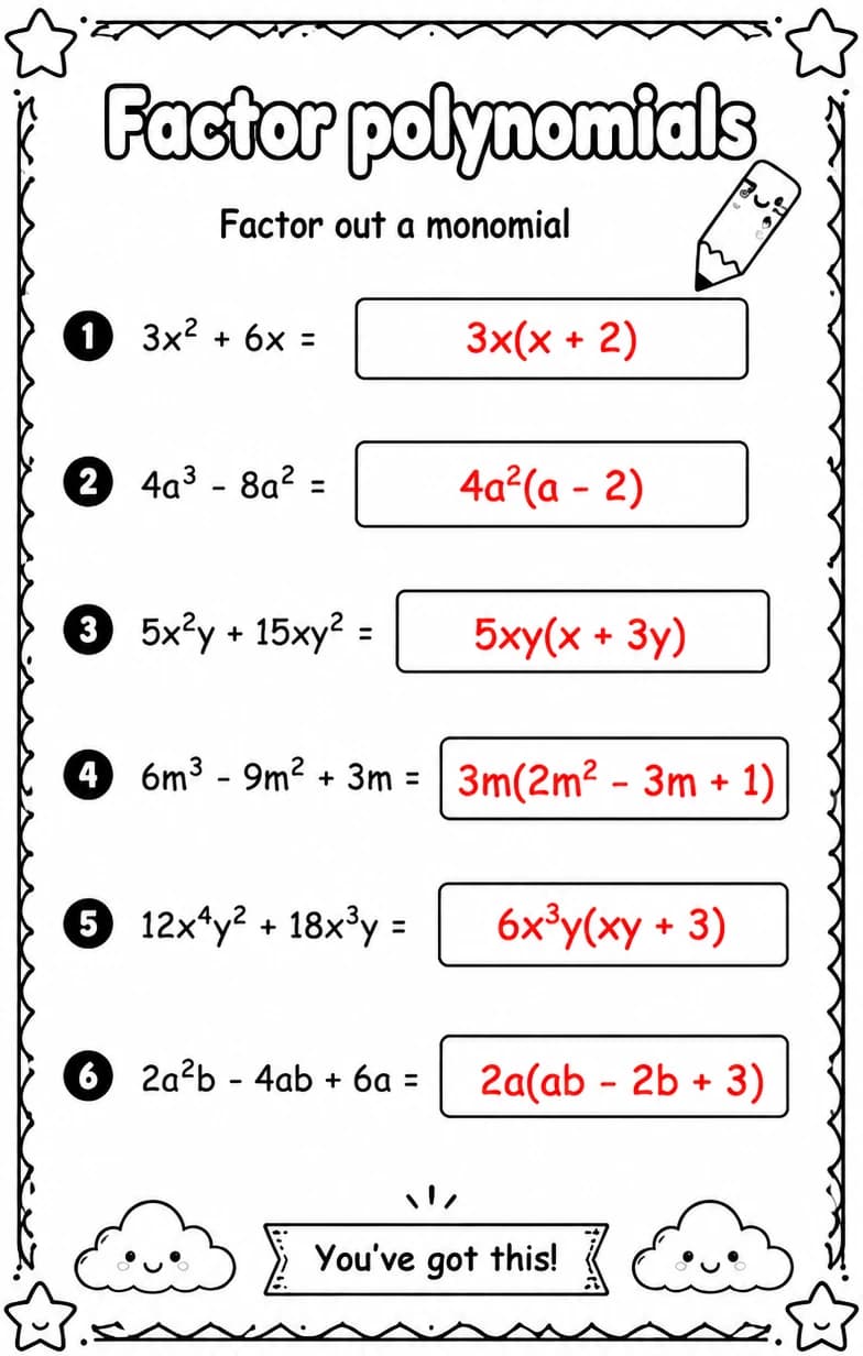 Answer key for Factor out a monomial — free printable Math worksheet