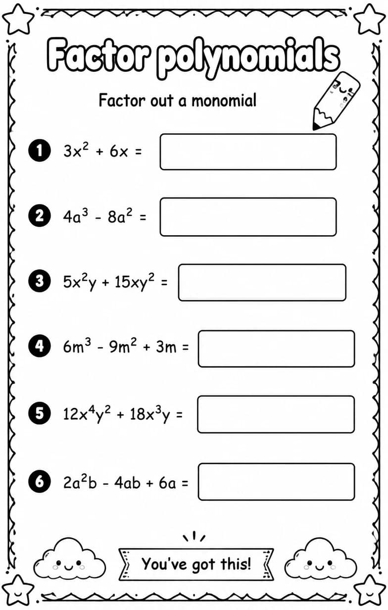 Factor out a monomial — free printable Algebra 1 math worksheet