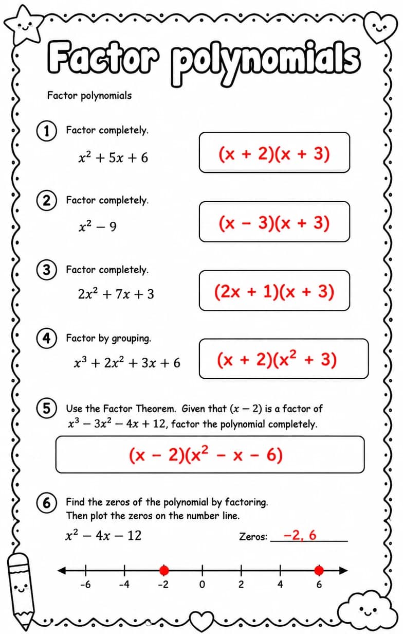 Answer key for Factor polynomials — free printable Math worksheet