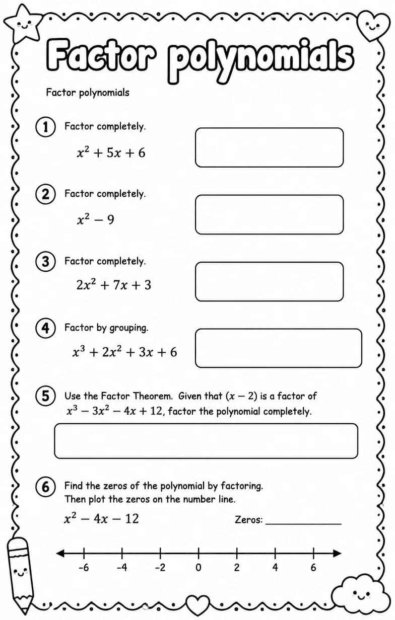 Factor polynomials — free printable Algebra 2 math worksheet