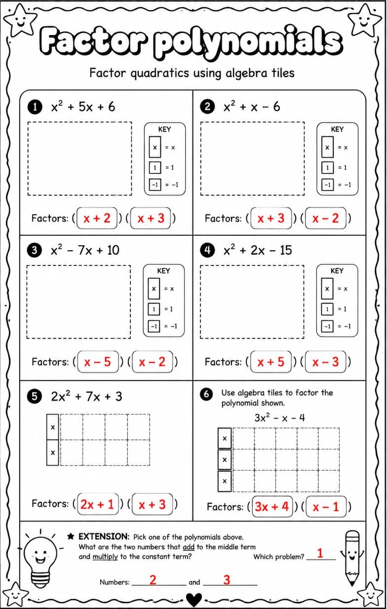 Answer key for Factor quadratics using algebra tiles — free printable Math worksheet