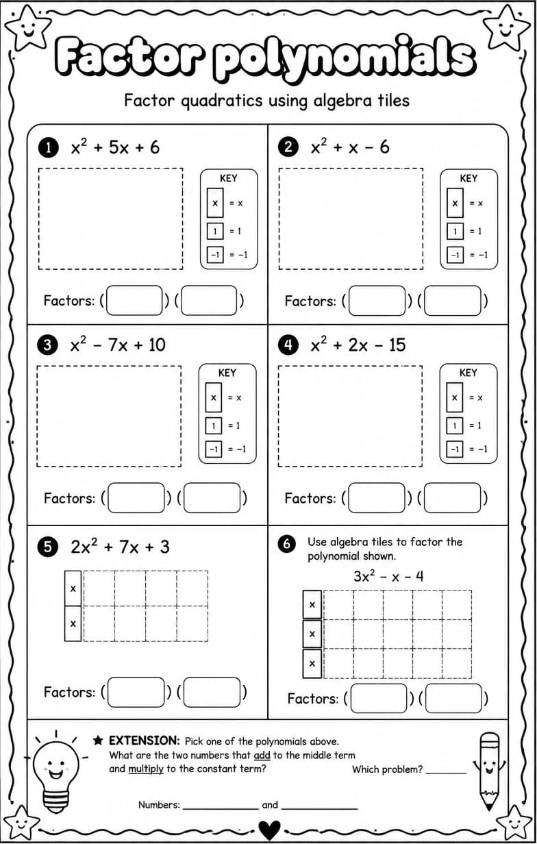 Factor quadratics using algebra tiles — free printable Algebra 1 math worksheet