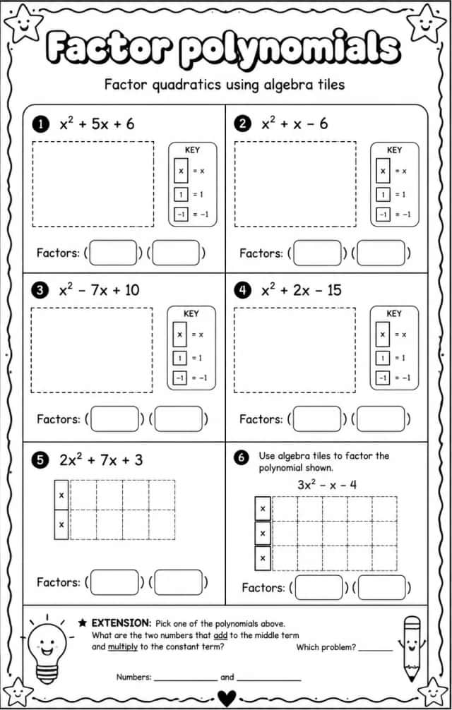 Factor quadratics using algebra tiles