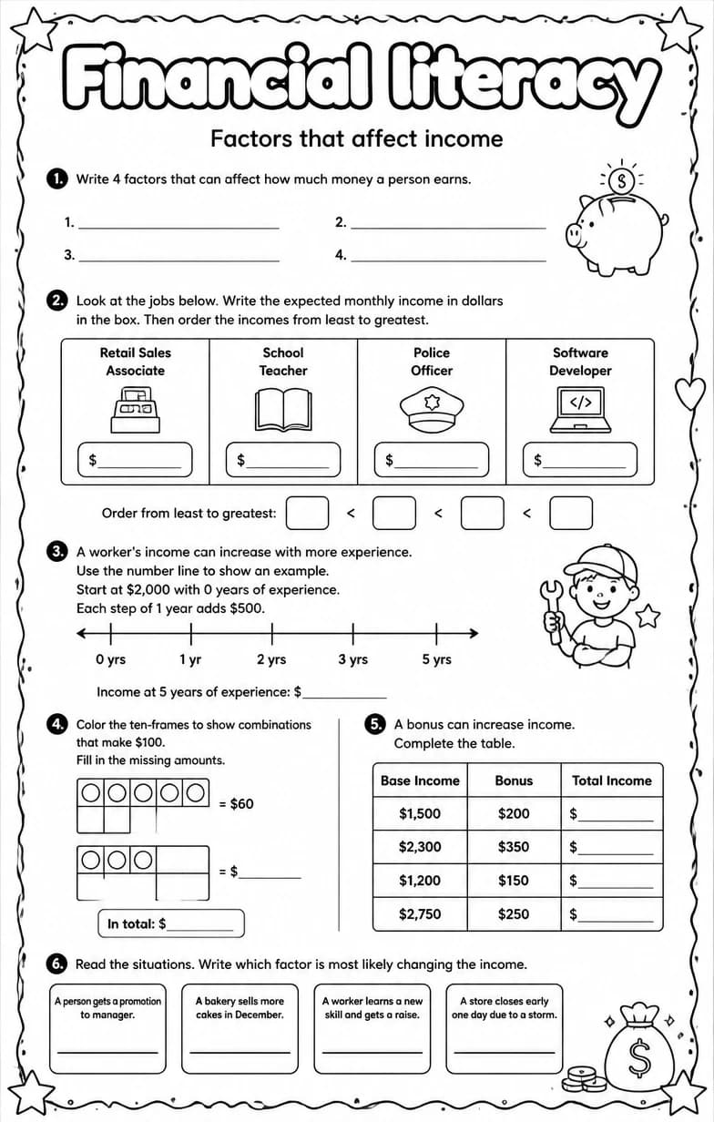 Factors that affect income — free printable Grade 3 Math worksheet