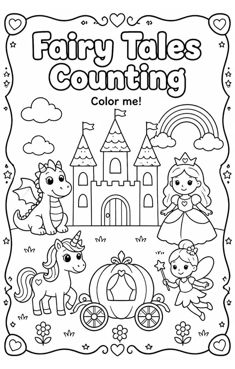 Fairy Tales Counting Coloring Page — free printable Grade 2 Math worksheet