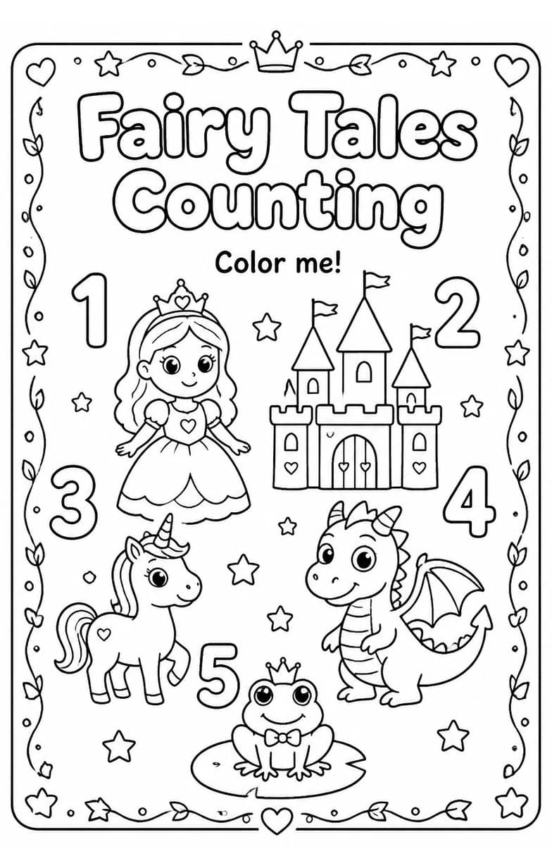 Fairy Tales Counting Coloring Page — free printable Kindergarten Math worksheet
