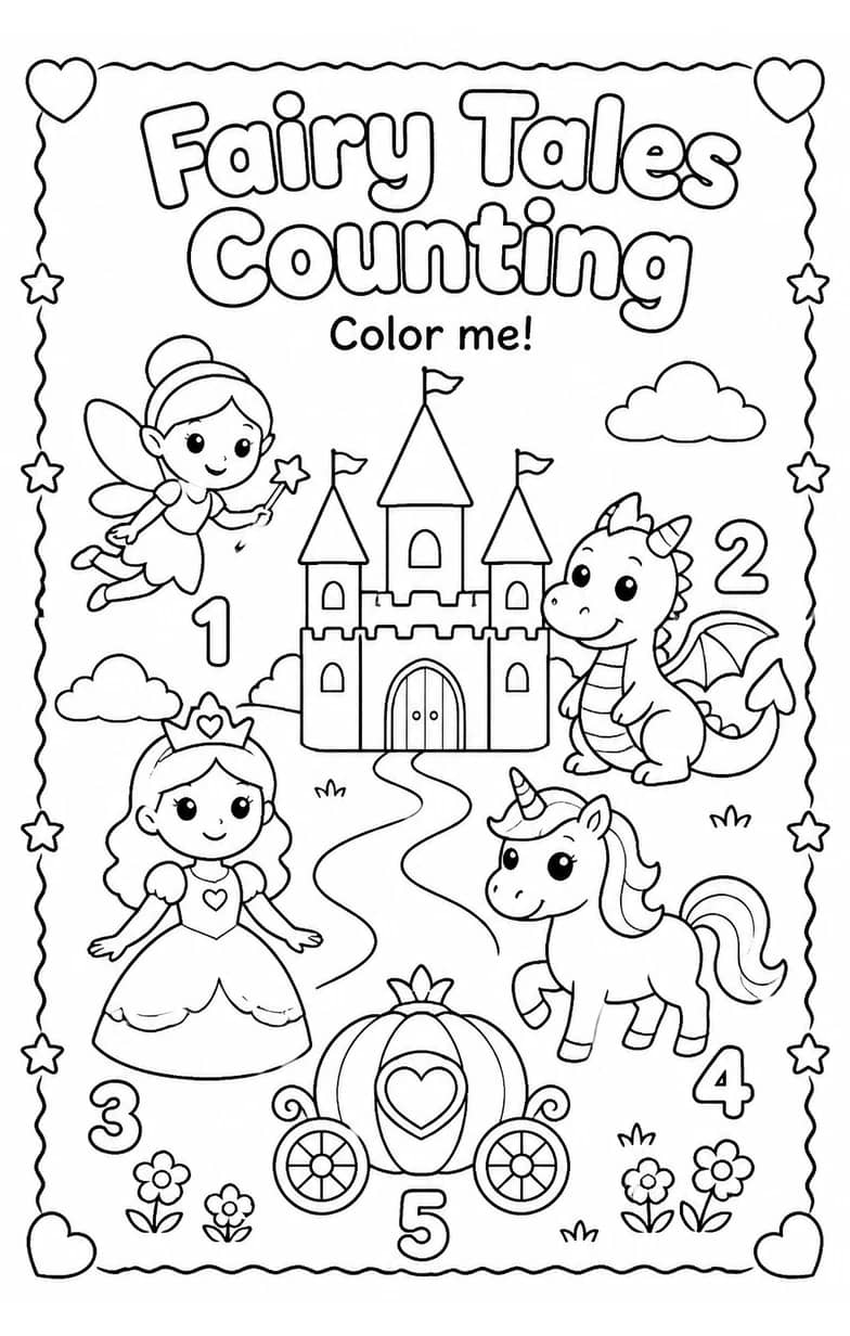 Fairy Tales Counting Coloring Page — free printable Pre-K Math worksheet