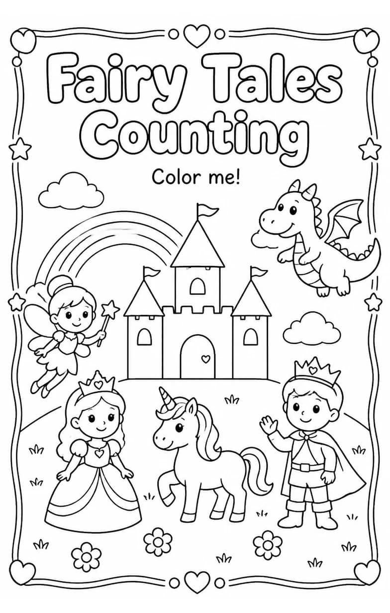 Fairy Tales Counting Coloring Page — free printable Preschool Math worksheet