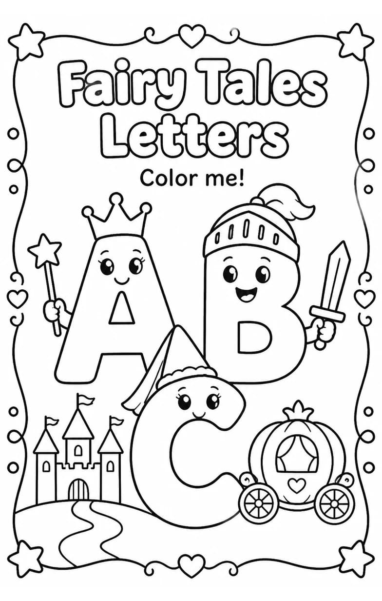 Fairy Tales Letters Coloring Page — free printable Preschool English & Reading worksheet