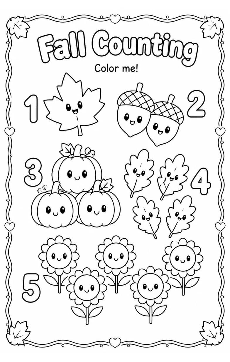 Fall Counting Coloring Page — free printable Grade 2 Math worksheet