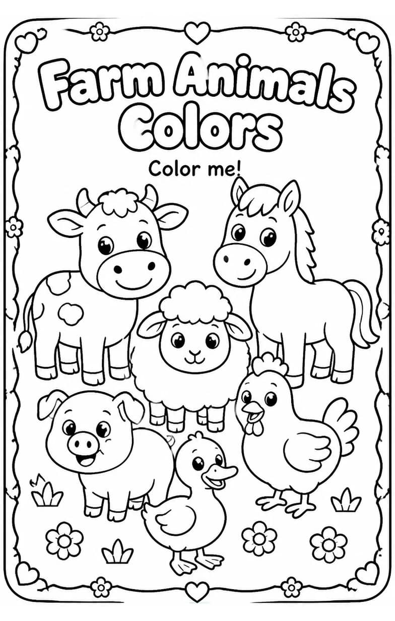 Farm Animals Colors Coloring Page — free printable Pre-K Art worksheet