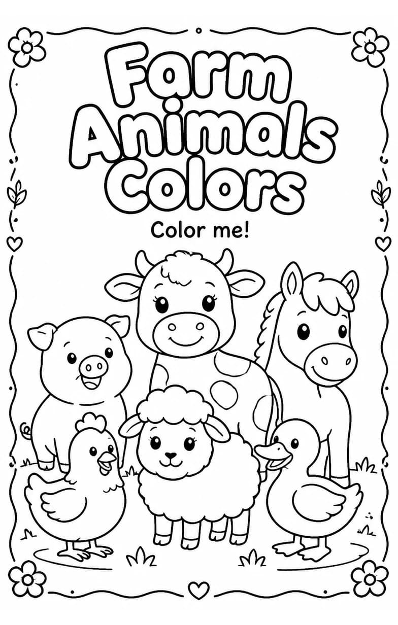 Farm Animals Colors Coloring Page — free printable Preschool Art worksheet