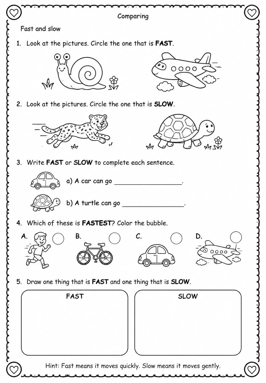 Fast and slow — free printable Kindergarten Science worksheet