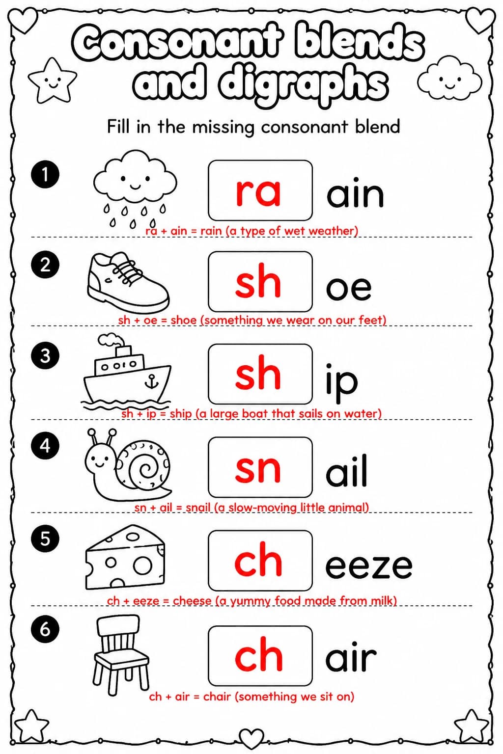 Answer key for Fill in the missing consonant blend — free printable English & Reading worksheet