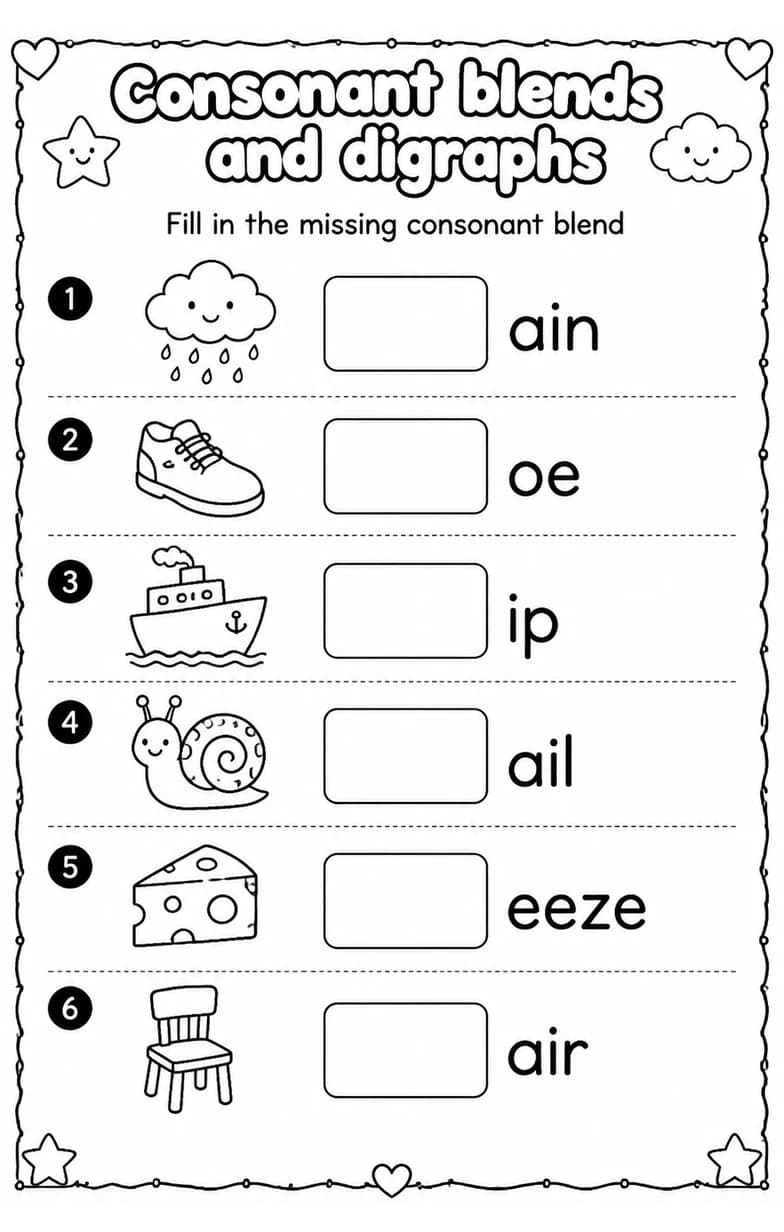 Fill in the missing consonant blend — free printable Grade 1 English & Reading worksheet