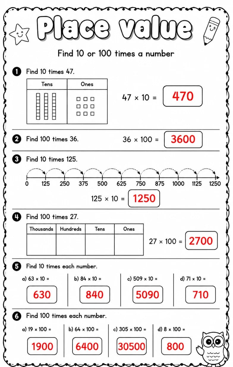 Answer key for Find 10 or 100 times a number — free printable Math worksheet