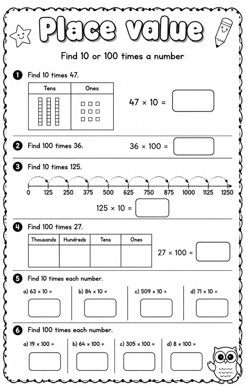 Find 10 or 100 times a number — free printable Grade 4 math worksheet