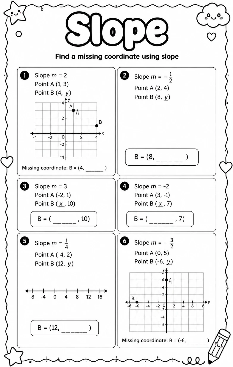 Find a missing coordinate using slope — free printable Algebra 1 math worksheet