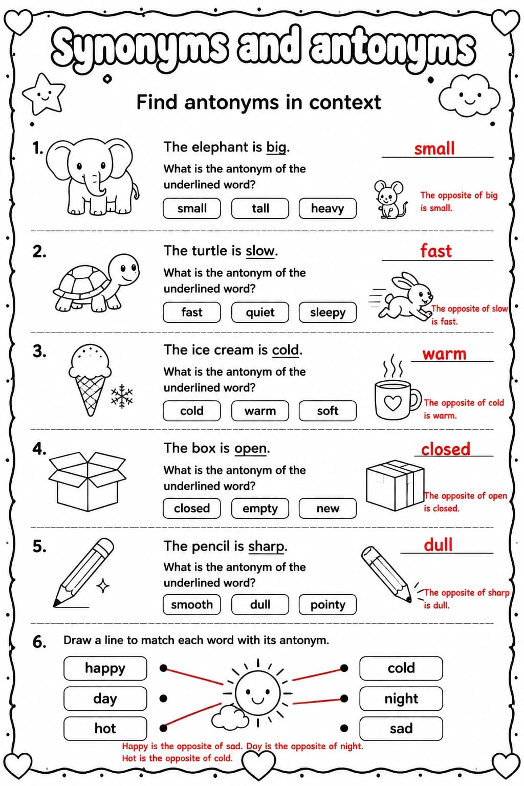 Answer key for Find antonyms in context — free printable English & Reading worksheet